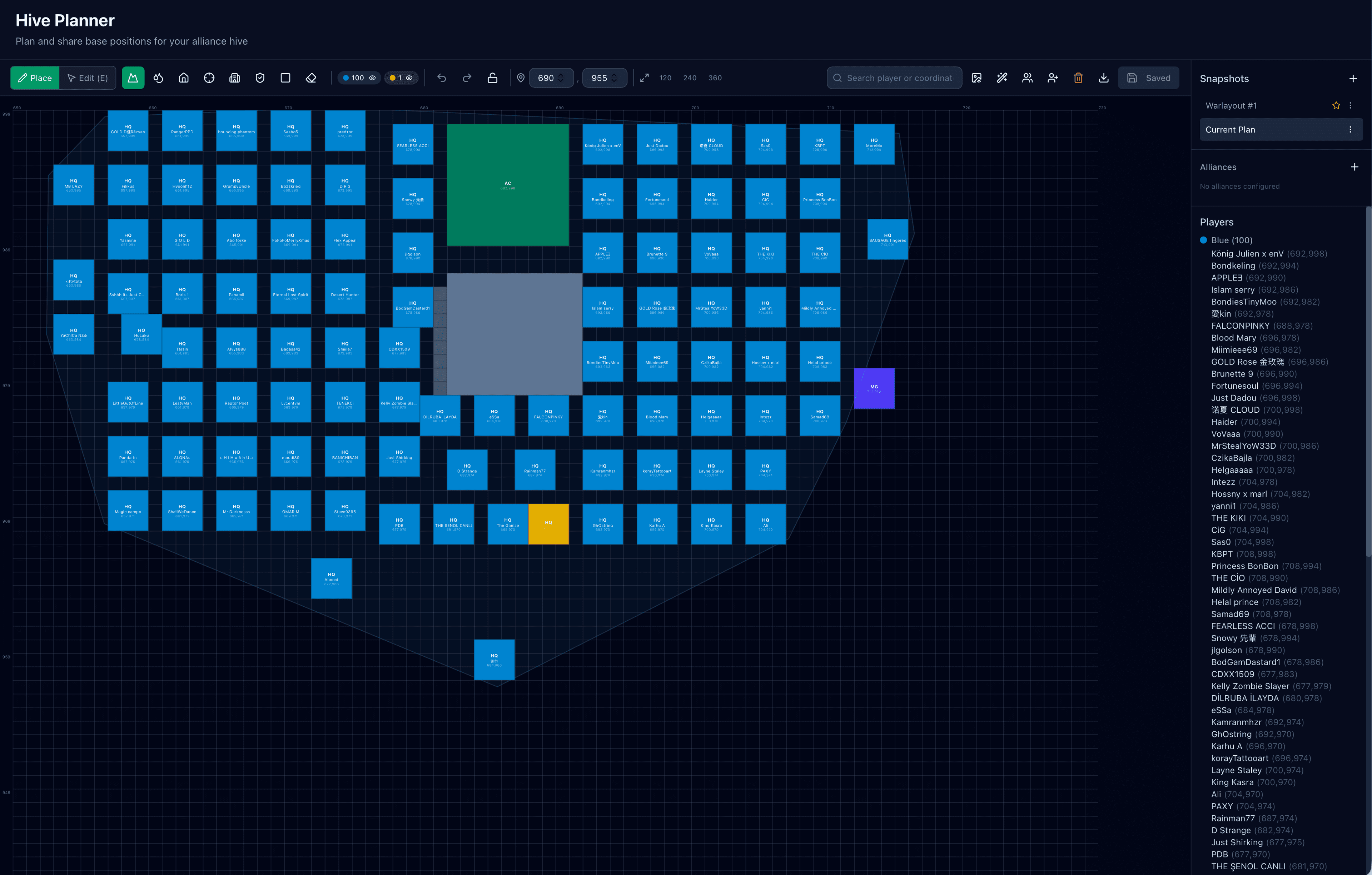 FarmOps hive planner showing alliance base slots on a coordinate grid, player assignments, snapshots, and a saved alliance plan