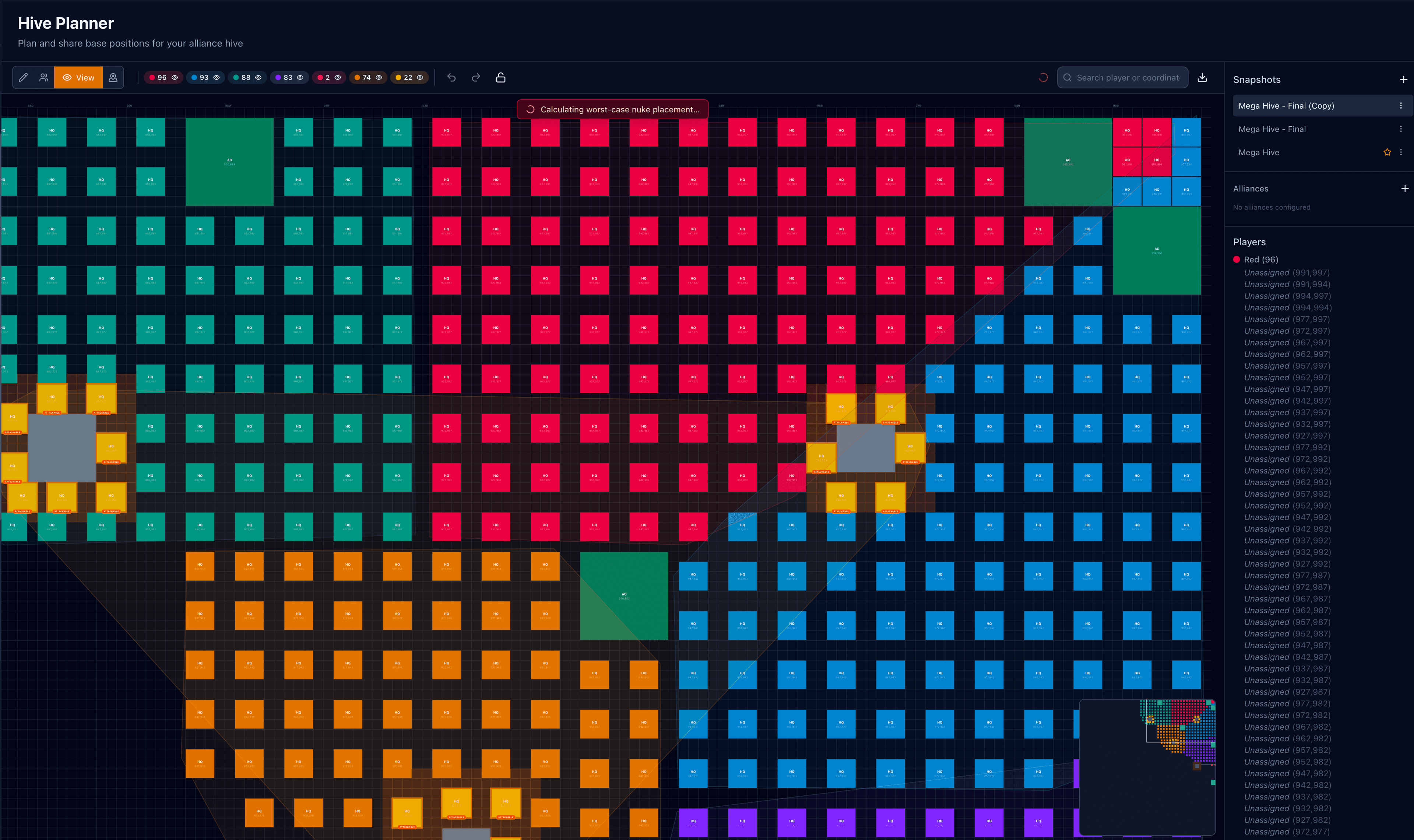 FarmOps hive planner showing a five-AC mega hive with color-coded alliance HQs