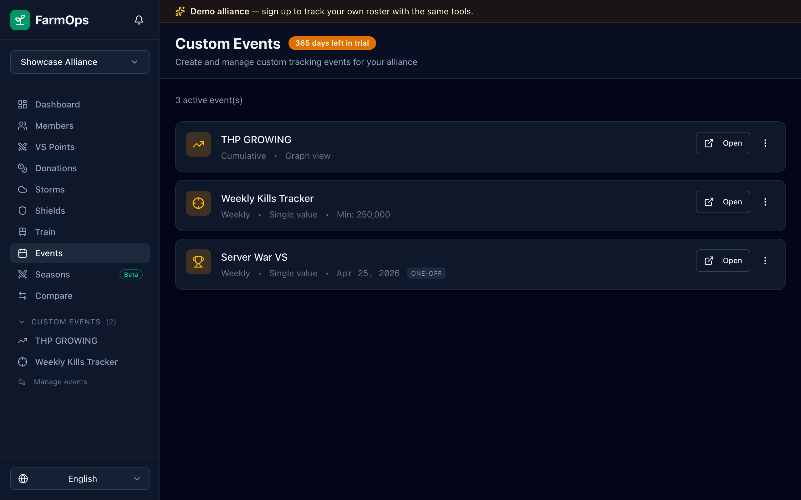 Events list page with active and inactive events